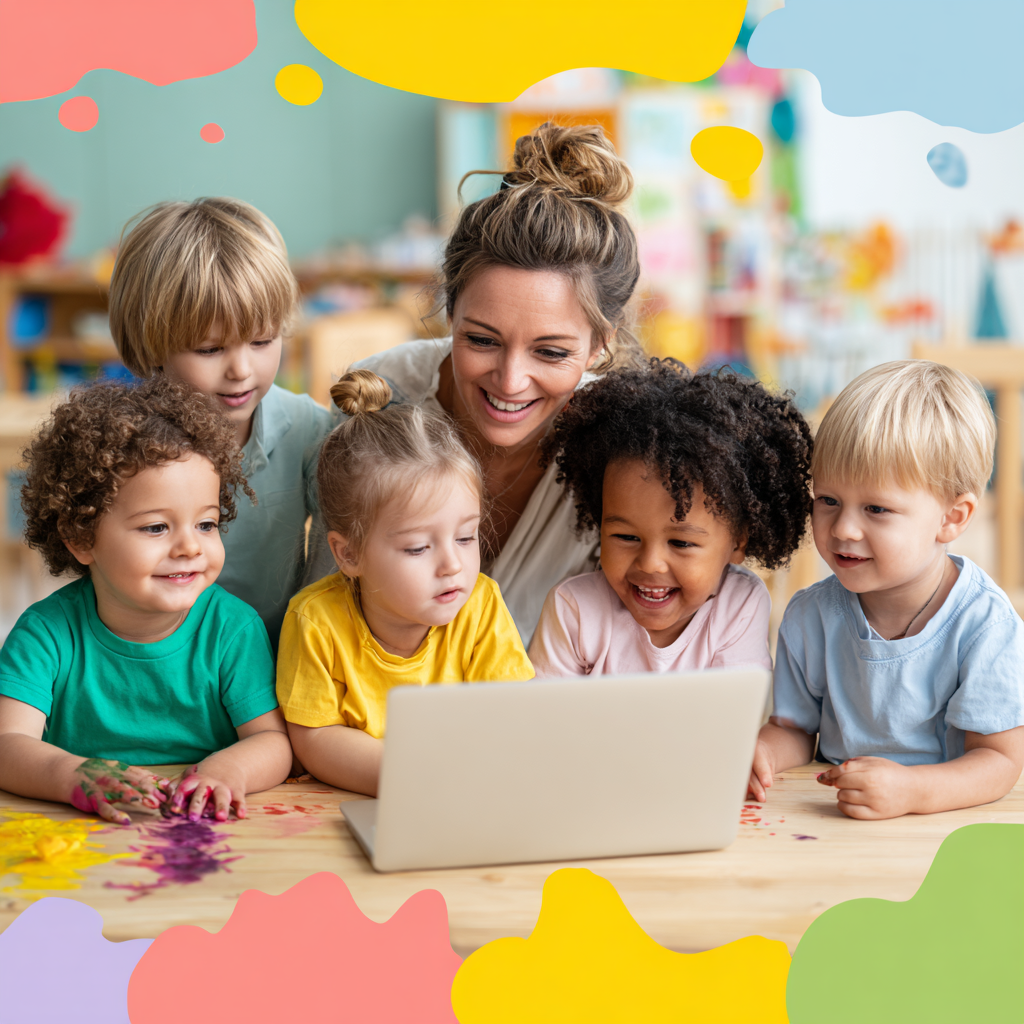 homeschool-mom with kids on laptop