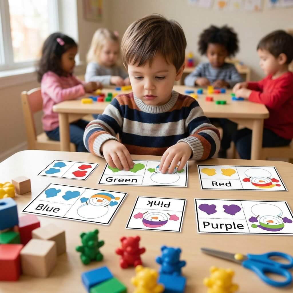 Boy working on building color puzzles in calm dayacare setting (1)