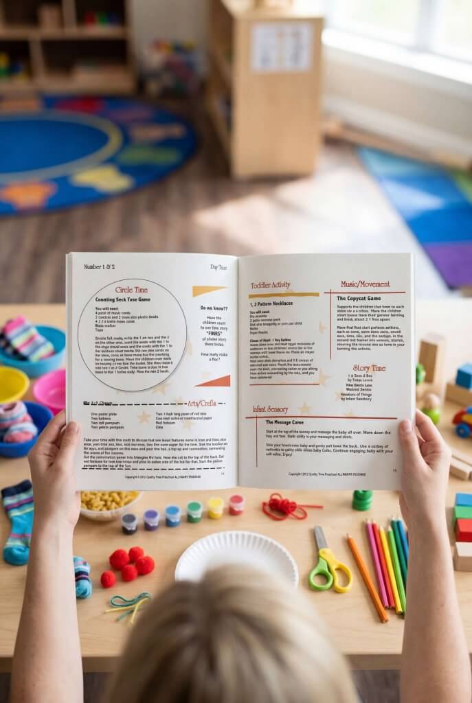 homeschool mom holding open pages of reach2;learn multi-age lesson book