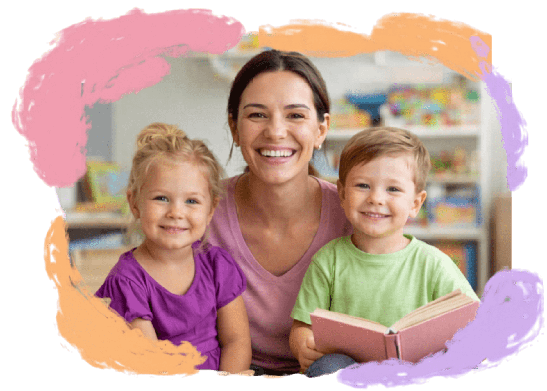 mother with two children smiling